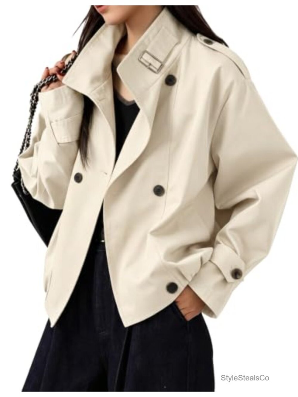 Womens Cropped Trench Coat Funnel Neck Lightweight Button Down Jacket